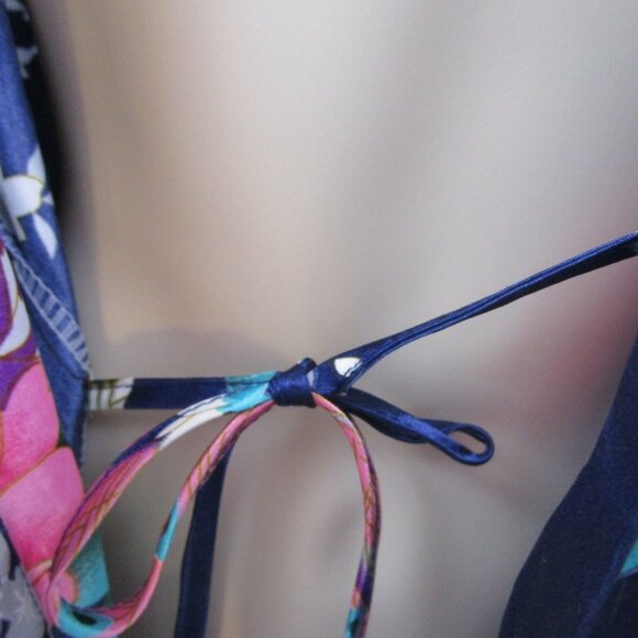 Oriental Peacock Kimono Robe Navy Blue Pink Satin One Size Short Tie Waist - Picture 3 of 4